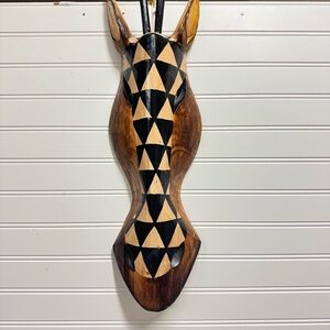 Giraffe African Mask Brown Safari Tribal Wood Hand Carved Hanging Wall Art 19"